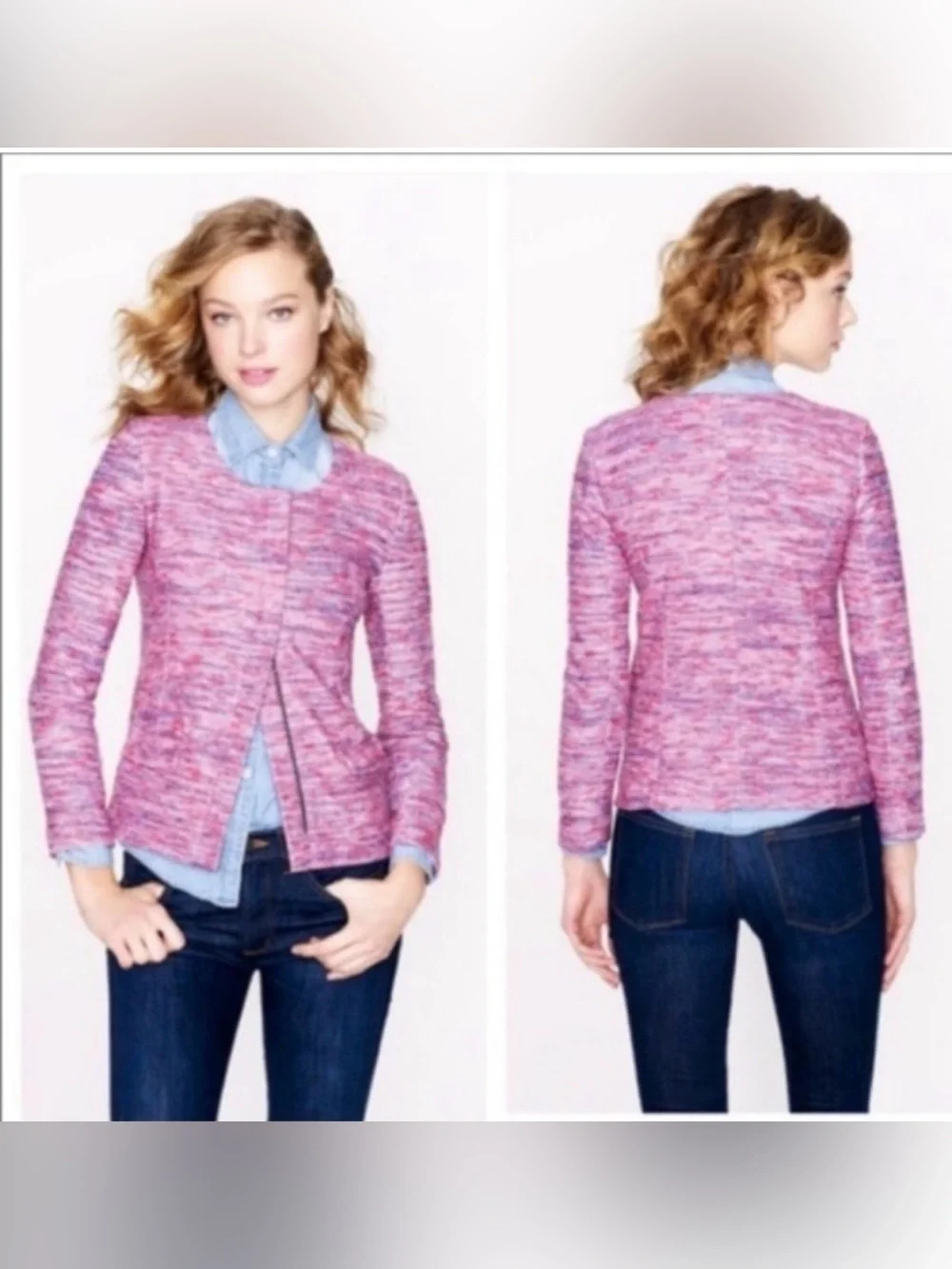 J.Crew Micro Tweed Jacket in Poppy Pink Collarless Zip Blazer Small